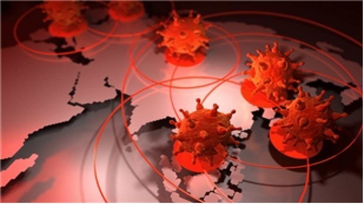 Bild: Bild einiger Kontinente, darüber mehrere Corona-Viren, die Kreise um sich ziehen